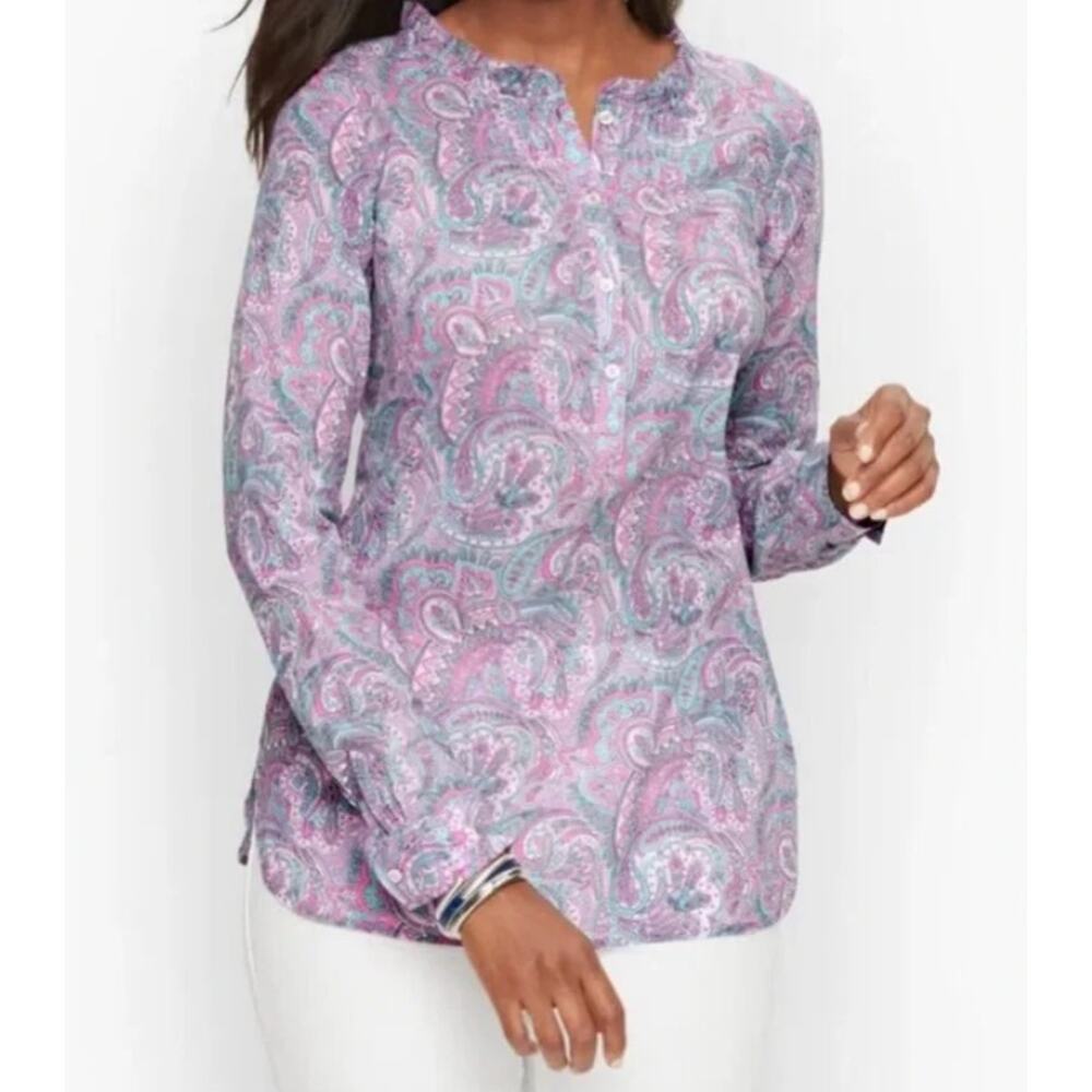 Talbots Paisley Ruffle Neck Blouse Cotton Pastel Long Sleeve Boho Top Large